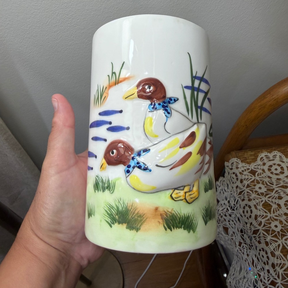 Vintage Cooks Tools Ceramic Duck Utensil Holder Vase Mallard Embossed Taiwan